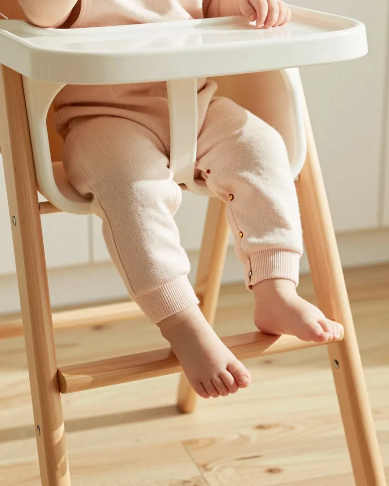 Los piecitos de un bebé en su silla de comer