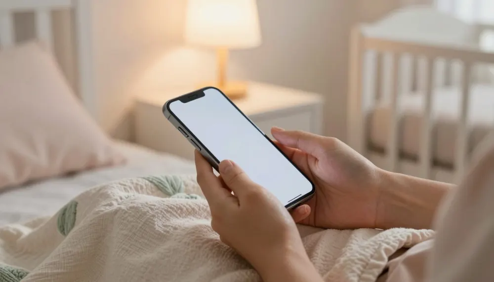 Una mamá mirando su celular de noche en el cuarto del bebé